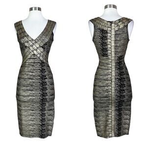 Herve Leger | Gold Black Woodgrain Metallic Bandage Fitted Designer Midi Dress L